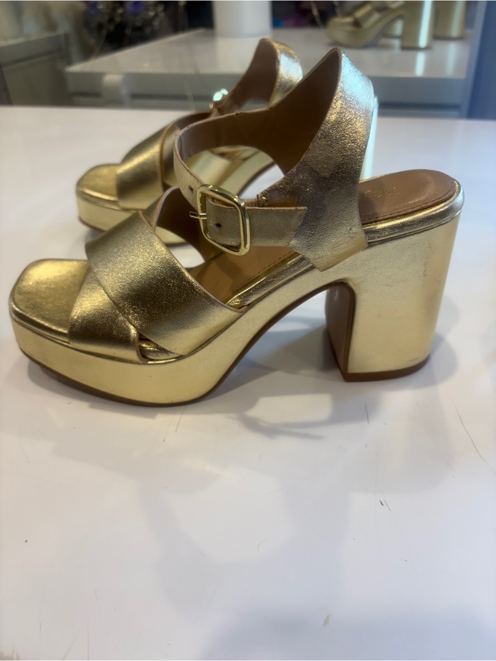 Seychelles Metallic Gold Crisscross Block Heel Sandals